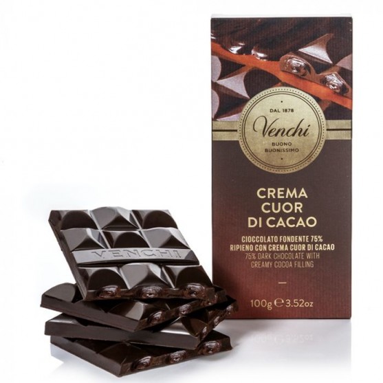 Tavoletta di cioccolato fondente 75% ripiena cuor di cacao 100g Venchi