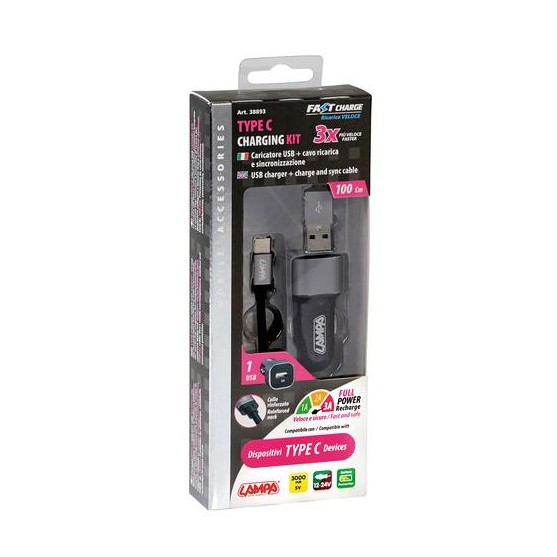 Kit ricarica  2 in 1 Usb Type-C Fast Charge 12/24V