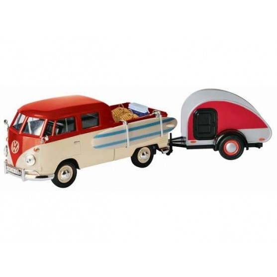 Volkswagen T2 van "Week at the beach set" red/white/silver con rimorchio 1:24