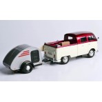 Volkswagen T2 van "Week at the beach set" red/white/silver con rimorchio 1:24