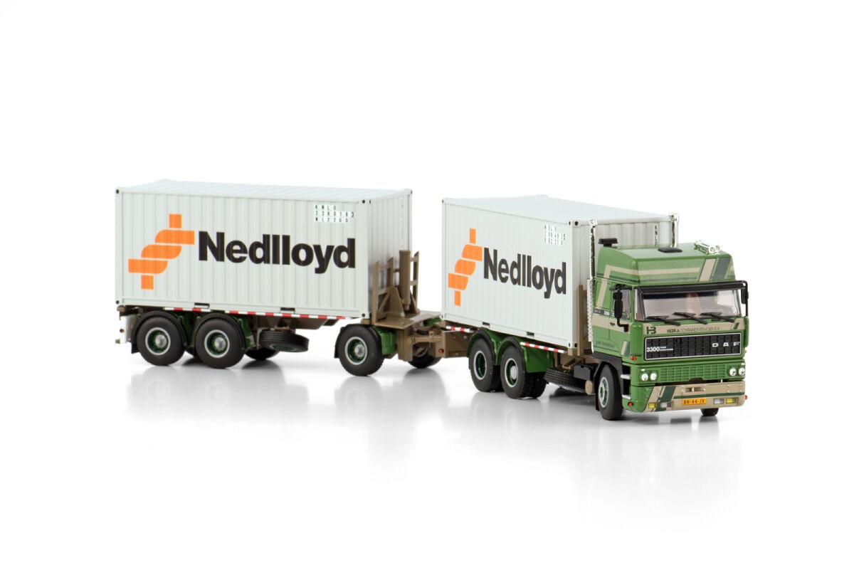 DAF 3300 Space Cab 6X2 Tag Axle Riged Drawbar Container Combi 6 Axle + 2X 20FT Container Nedlloyd 1:50 - 80364