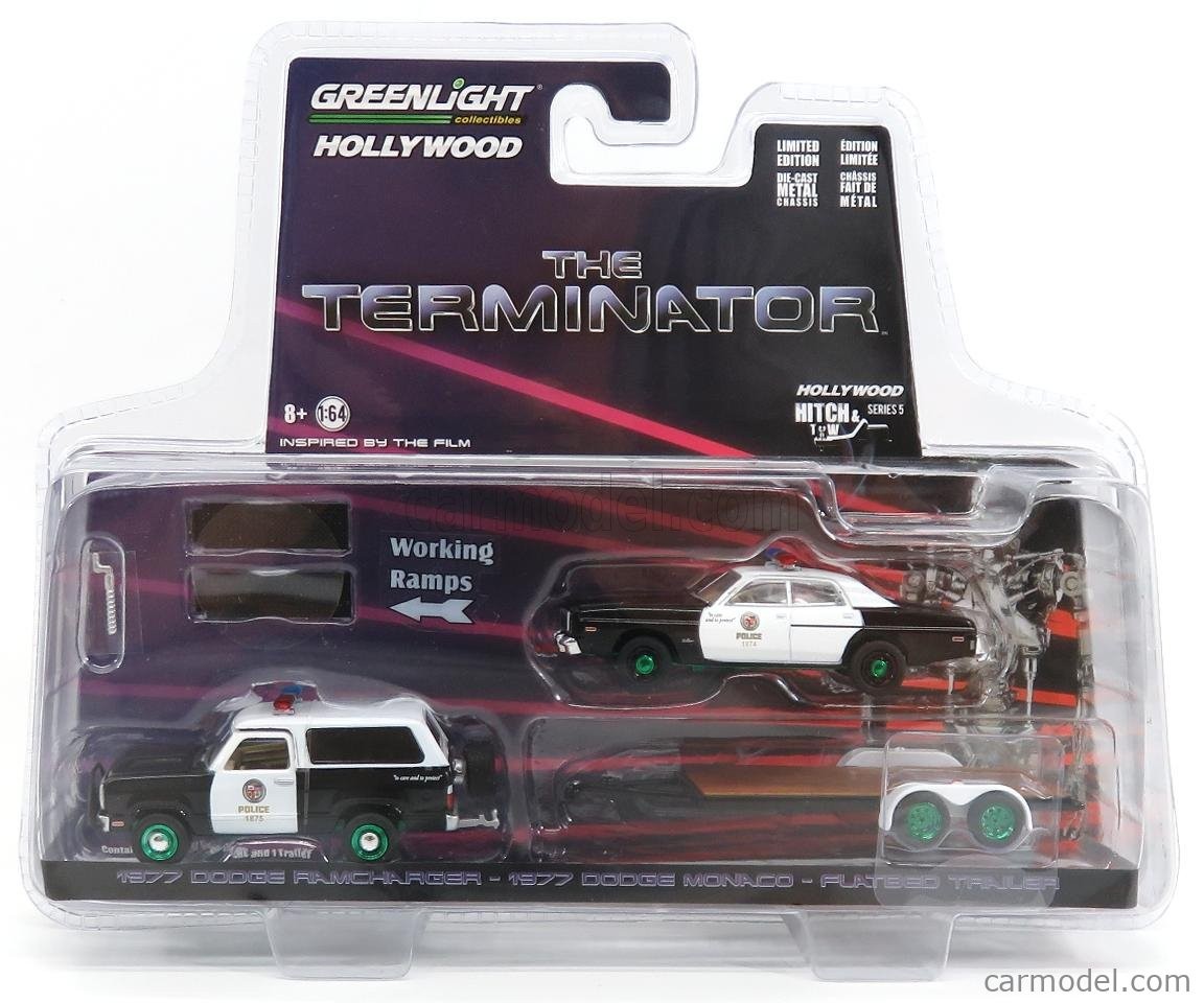Dodge RAM Charger 1977 with Dodge Monaco 1977 with Flatbeed Car Hauler  "Therminator" 1:64 - 81195