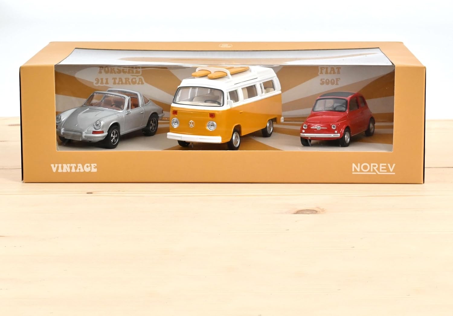 Vintage Gift Set 3pz JeT Cars Fiat 500 Red 1965 + Porsche 911 Targa 1969 + Volkswagen T2 Camper 1:43 - 84692