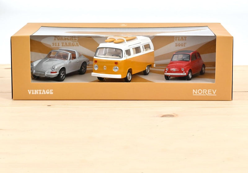 Vintage Gift Set 3pz JeT Cars Fiat 500 Red 1965 + Porsche 911 Targa 1969 + Volkswagen T2 Camper 1:43 - 84692