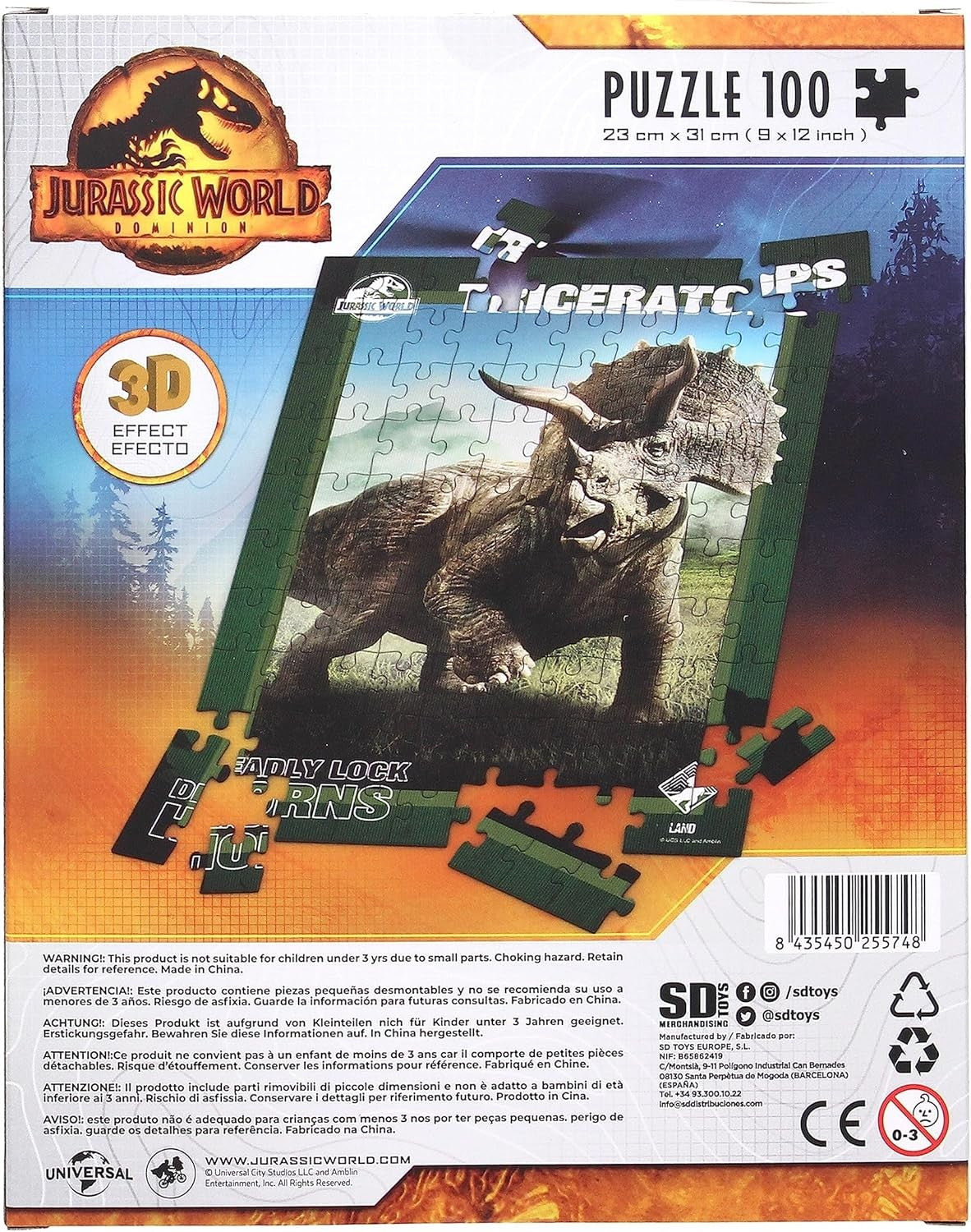 Jurassic World Triceratops 3d Eff 100pcs Puzzle 23x31 - 87426