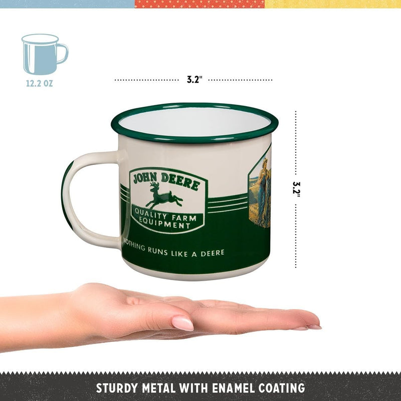 John Deere White Tazza Smaltata Retro Enamel Farm Mug 360ml - 87506