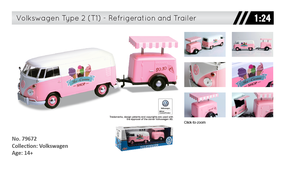 Volkswagen T2 van "Ice Cream set" Pink con rimorchio 1:24 - 8987
