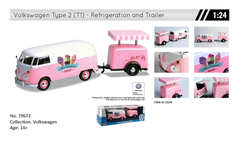 Volkswagen T2 van "Ice Cream set" Pink con rimorchio 1:24 - 8987