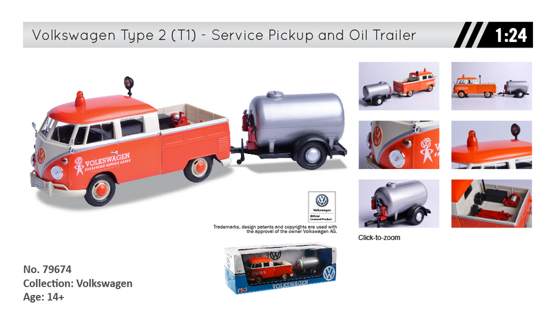 Volkswagen T2 van "Road Service set" orange/white con rimorchio 1:24 - 9020